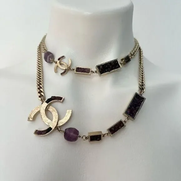 Chanel Y2K Gold Metal and Amethyst Curb Link Necklace Authentic - Picture 5 of 16
